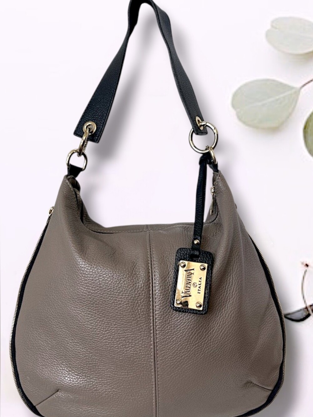 Valentina Women's Italian Toupe Pebbled Leather Shoulder Bag w/ Adjustable Strap